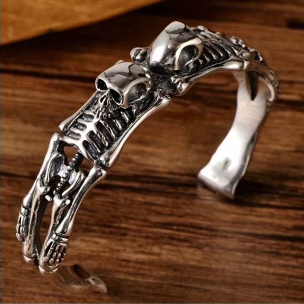 BikerCore Skull Bangle Stainless Steel Double Skull Open Bracelet Gothic Grunge